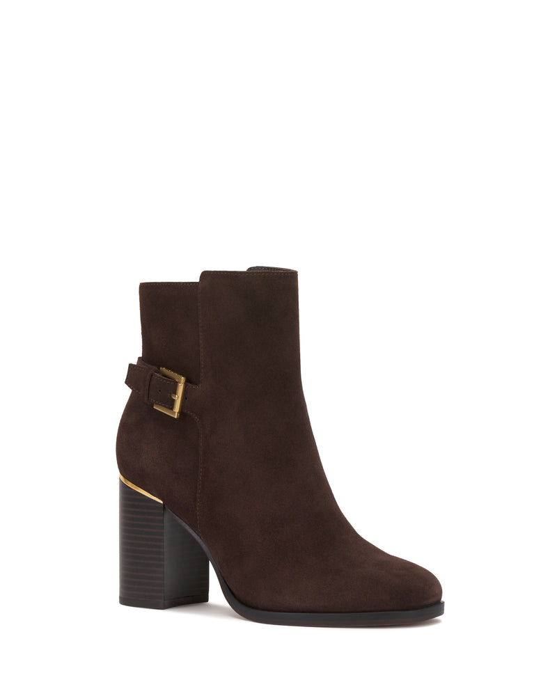 The Melvani Bootie by Vince Camuto features dark brown suede, a chunky high heel, a side gold buckle detail, and a slightly rounded toe.