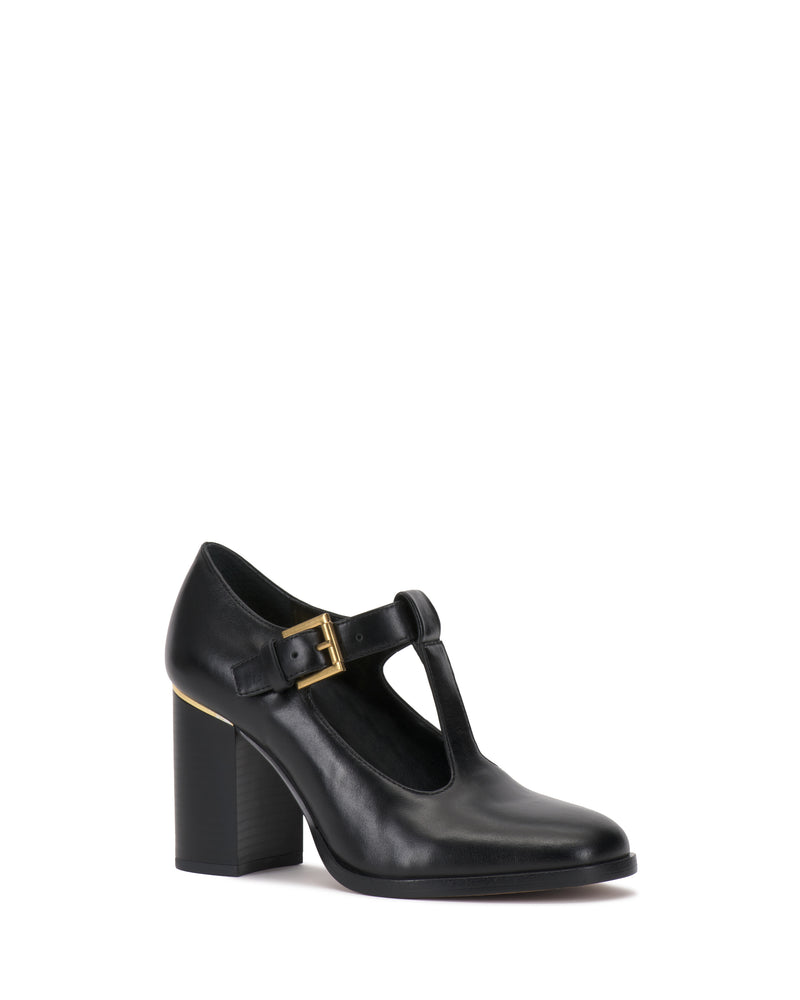 Vince Camuto Micha Pump in black leather, featuring a T-strap design, gold-tone buckle, chunky block heel, and vintage charm.