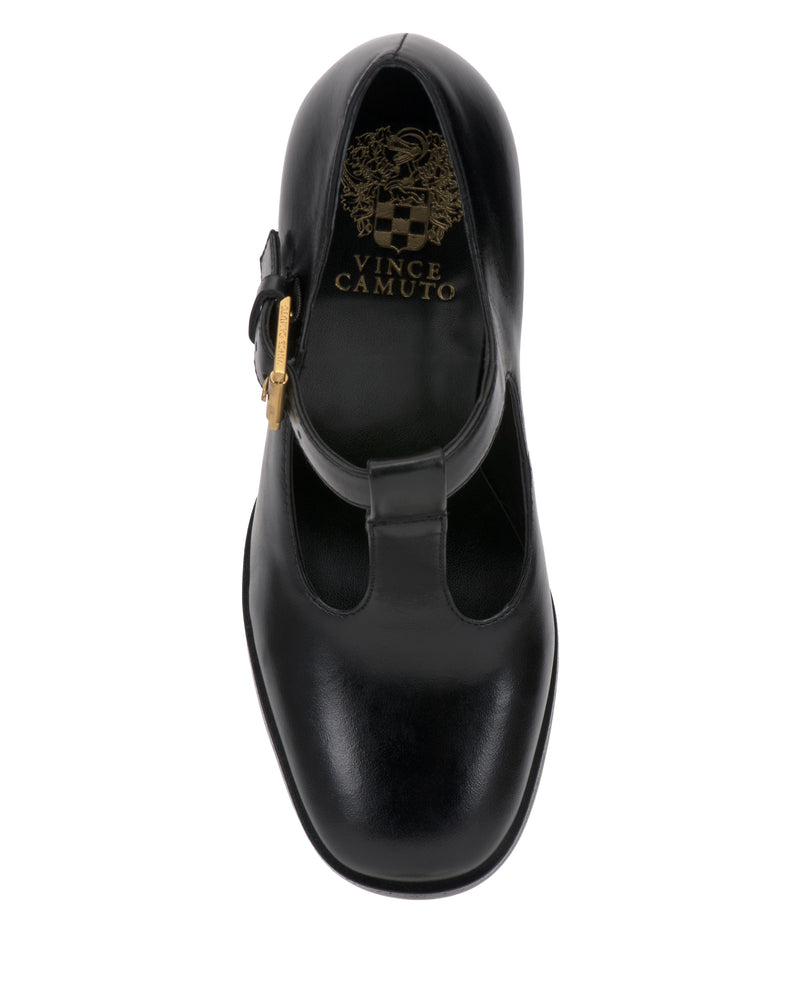 Top-down view of a black Vince Camuto Micha Pump, a Mary Jane T-strap style with vintage charm and a gold buckle.