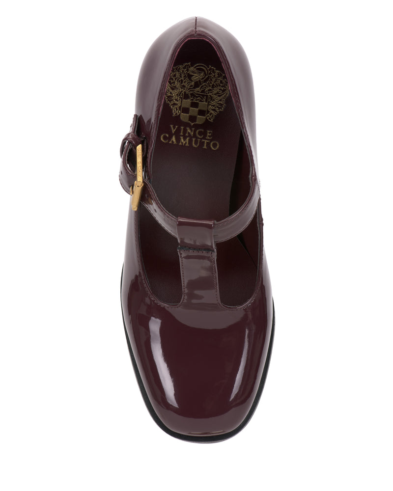 Top view of the Vince Camuto Micha Pump, a shiny burgundy Mary Jane shoe featuring a gold buckle and branded insole, embodying vintage charm and timeless feminine style.