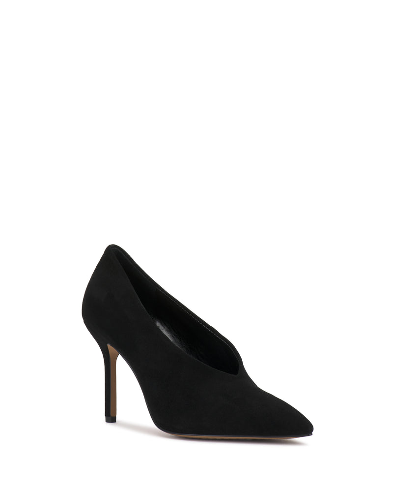 The Mozlea Pump by Vince Camuto is a single black suede high-heeled shoe featuring a pointed toe and stiletto heel, displayed against a white background.