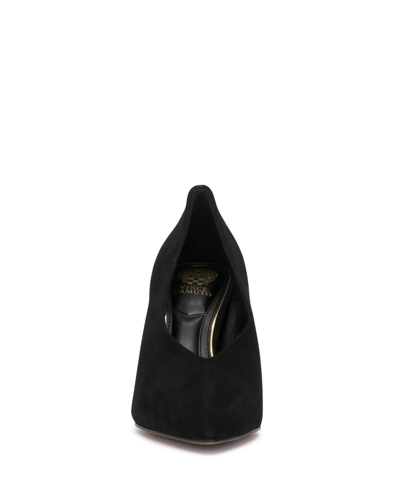 Front view of the Vince Camuto Mozlea Pump, a black suede high-heeled shoe featuring a pointed toe and gold-accented black insole, photographed against a white background.