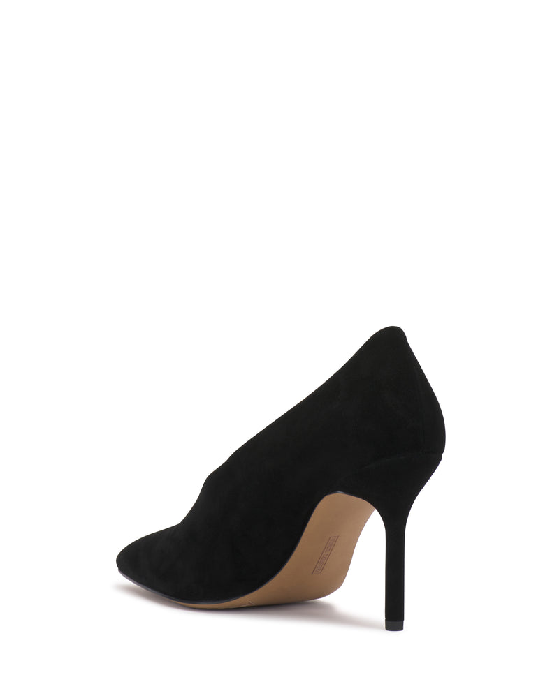 The Mozlea Pump by Vince Camuto is displayed from a rear side angle against a white background. This black suede shoe features a closed toe, smooth texture, and a slim, pointed high heel.