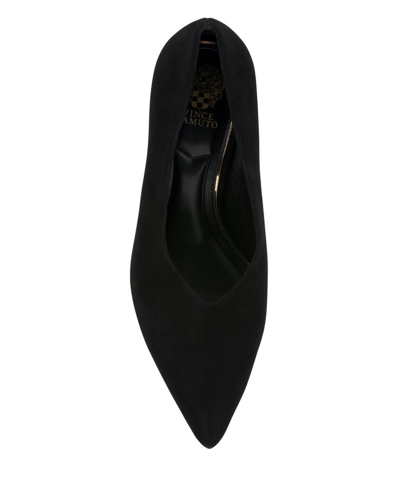 Top view of the Vince Camuto Mozlea Pump, a black pointed-toe high heel featuring a slight V-shaped opening and a gold Vince Camuto logo visible inside the heel area.