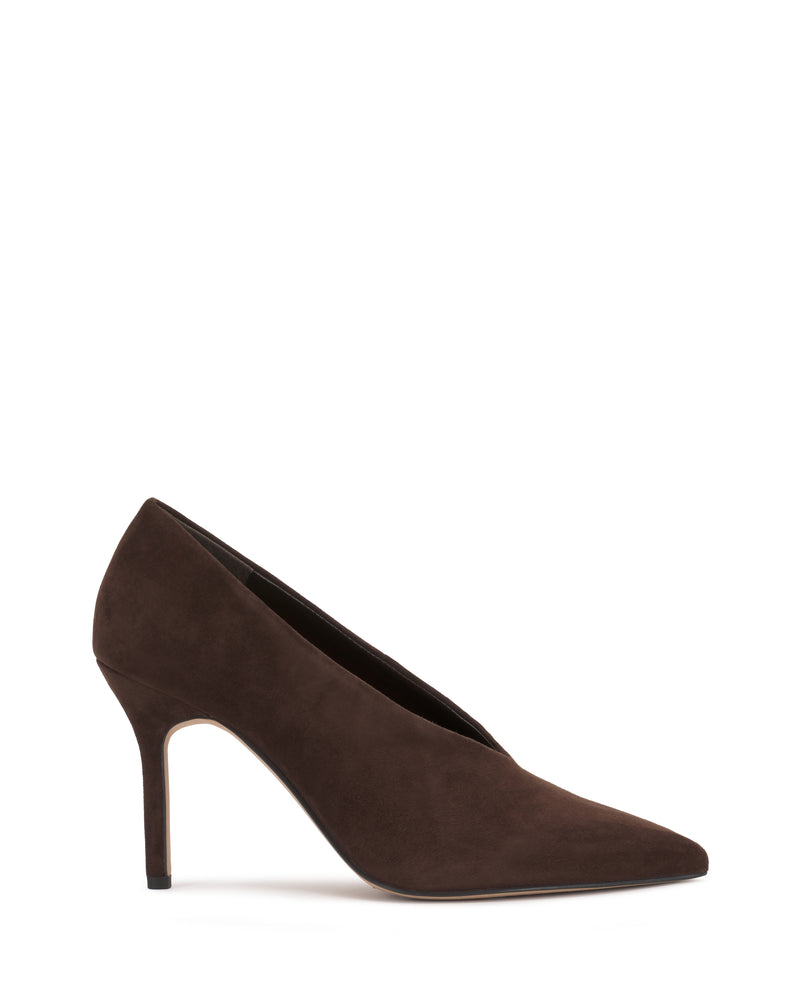 The Mozlea Pump by Vince Camuto is a dark brown suede high-heeled shoe with a pointed toe and slender heel, displayed from the side on a white background.