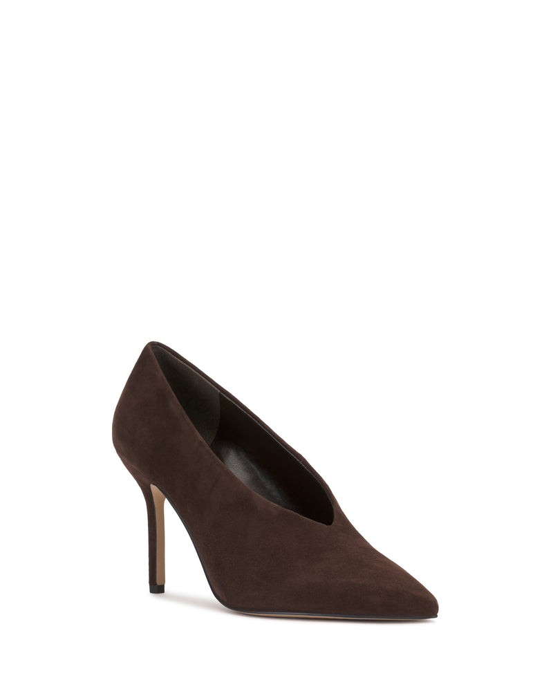 The Mozlea Pump by Vince Camuto is a single dark brown suede high-heeled shoe featuring a pointed toe and slim heel, displayed against a white background.