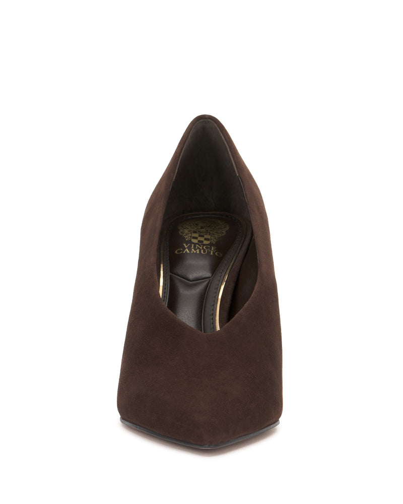 A front view of a single Mozlea Pump by Vince Camuto—a dark brown suede high-heeled shoe with a pointed toe and a gold logo on the black insole.
