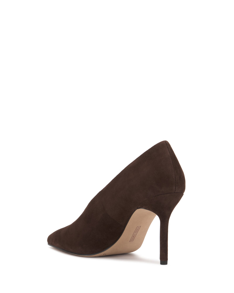 The Mozlea Pump by Vince Camuto is displayed from the back and side angles, showcasing its brown suede finish, pointed toe, and slim stiletto heel.
