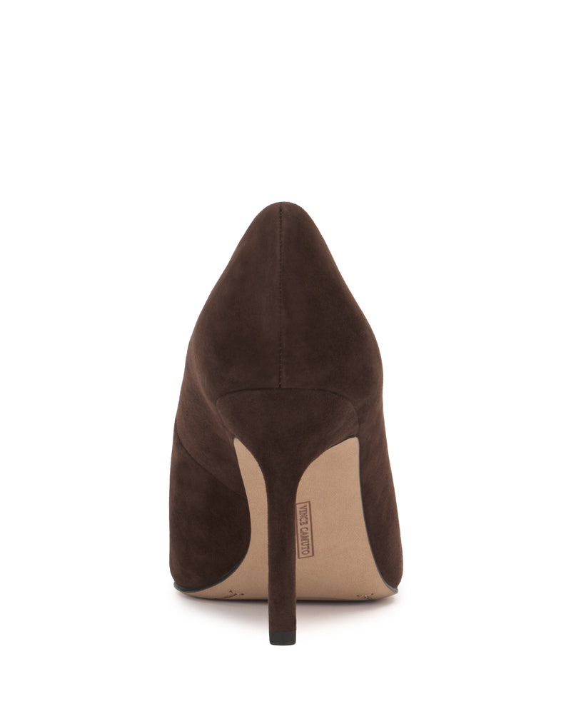 Rear view of a single Vince Camuto Mozlea Pump in brown suede, displaying the stiletto heel and sole with a small label visible on the bottom. Set against a plain white background.