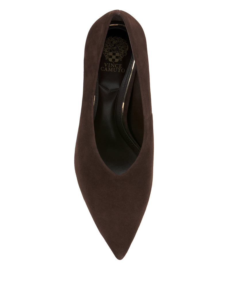 Top view of a single Mozlea Pump by Vince Camuto in dark brown suede with a pointed toe and low-cut vamp, featuring the Vince Camuto logo on the insole, set against a white background.