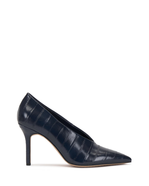 The Mozlea Pump by Vince Camuto is a navy blue, pointed-toe high heel shoe featuring a crocodile texture and a stiletto heel, shown in profile against a white background.