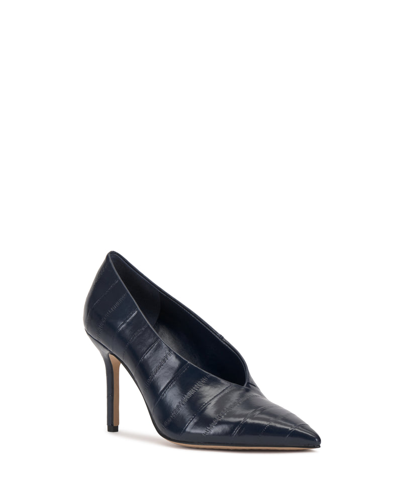 The Mozlea Pump by Vince Camuto is a navy blue, pointed-toe high heel featuring a subtle crocodile texture and a stiletto heel, displayed on a white background.