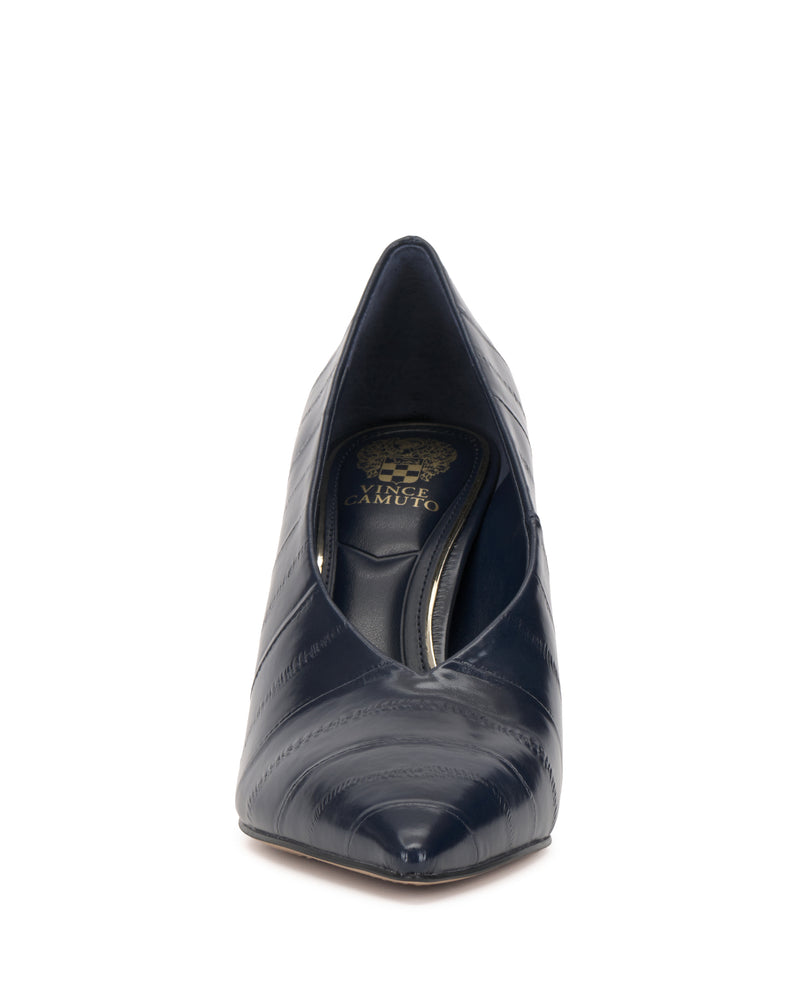 Front view of the Vince Camuto Mozlea Pump, a navy blue pointed-toe high heel shoe featuring a textured pattern and a gold logo on the insole.