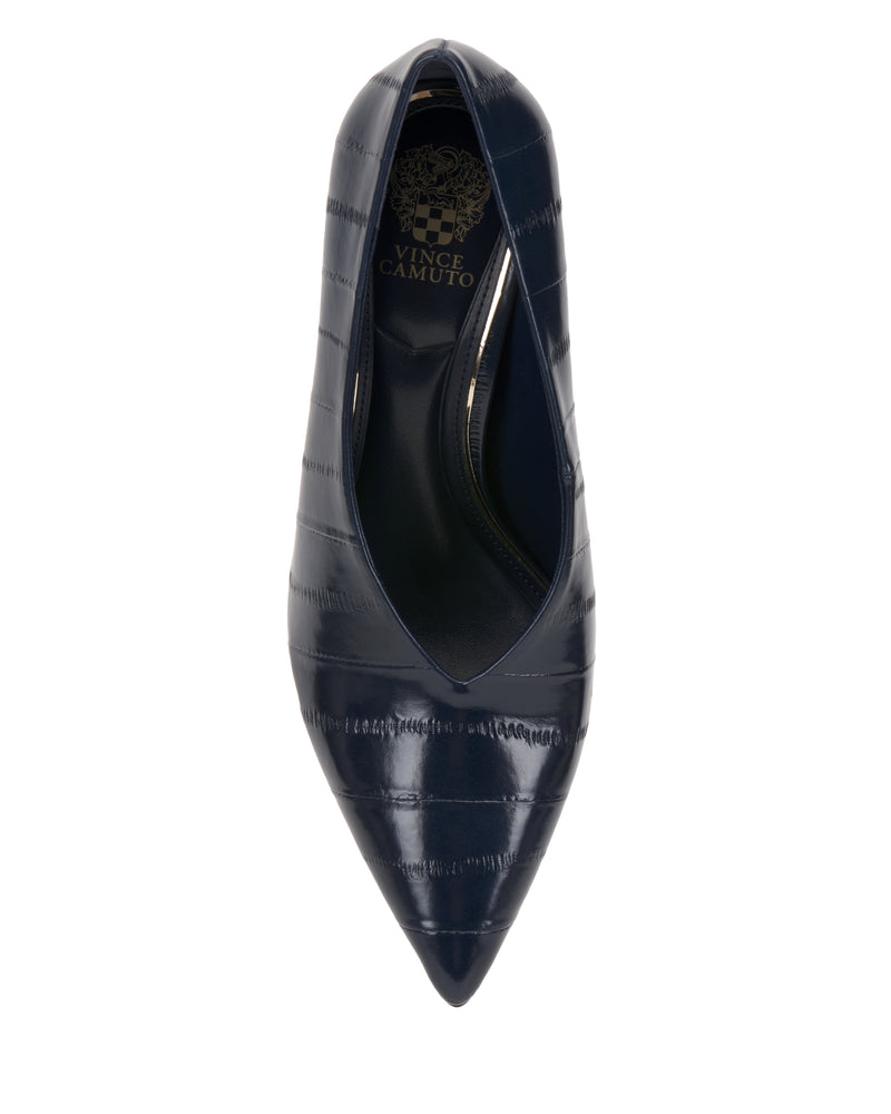 Top view of the Vince Camuto Mozlea Pump, a dark blue pointed-toe high heel with a glossy, textured finish and a visible gold Vince Camuto logo inside.