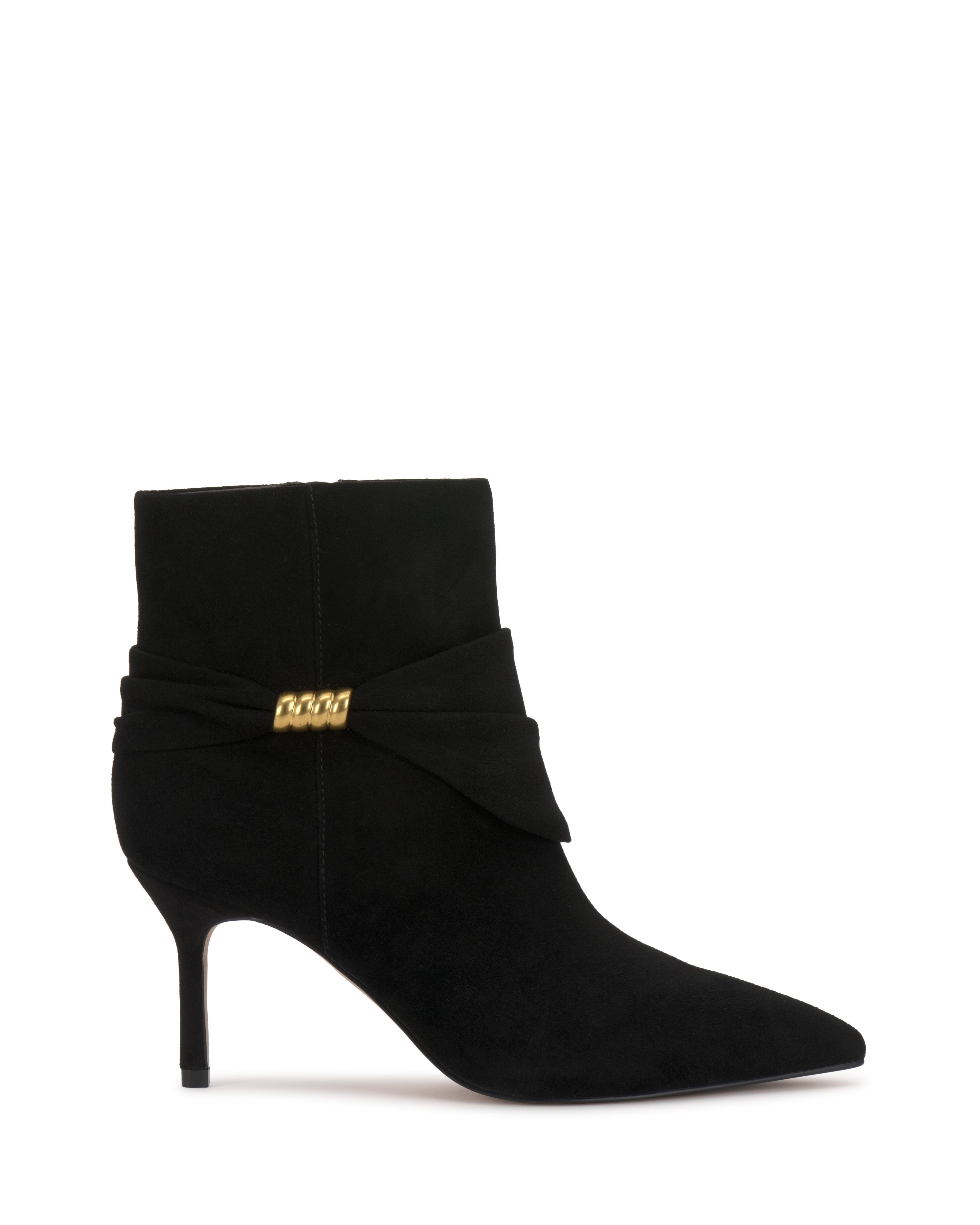The Murlea Bootie by Vince Camuto features black suede, a pointed toe, mid stiletto heel, and a wrap detail with a gold accent on the side.