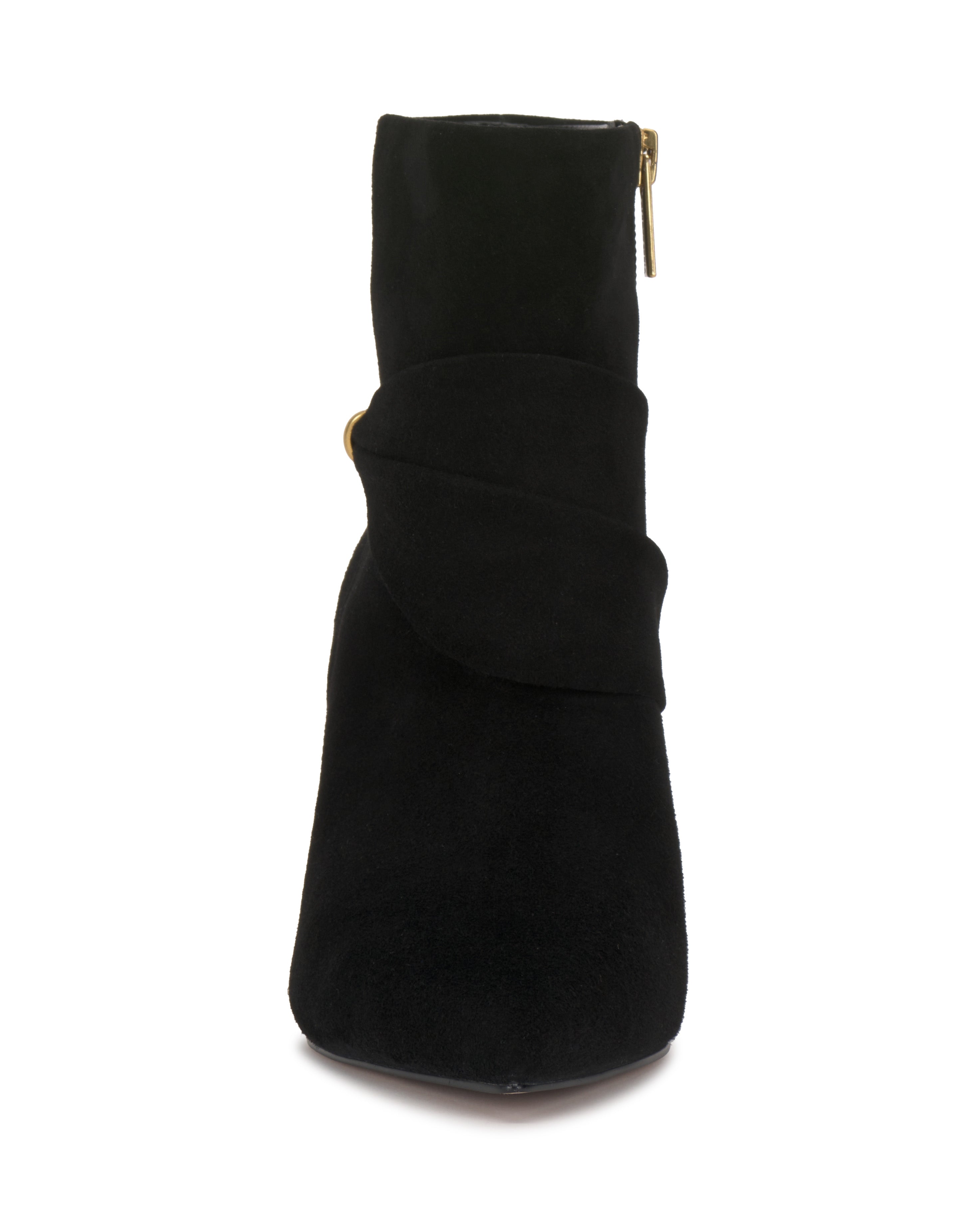 Front view of the Vince Camuto Murlea Bootie in black suede, featuring a decorative wrap detail and side zipper with gold pull.