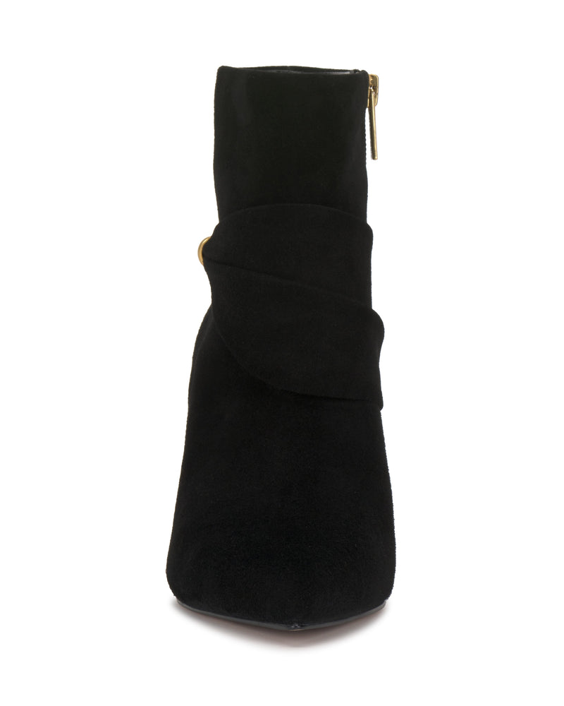 The Vince Camuto Murlea Bootie in black suede showcases a chic wrap-around detail, gold side zipper pull, pointed toe, and smooth finish.