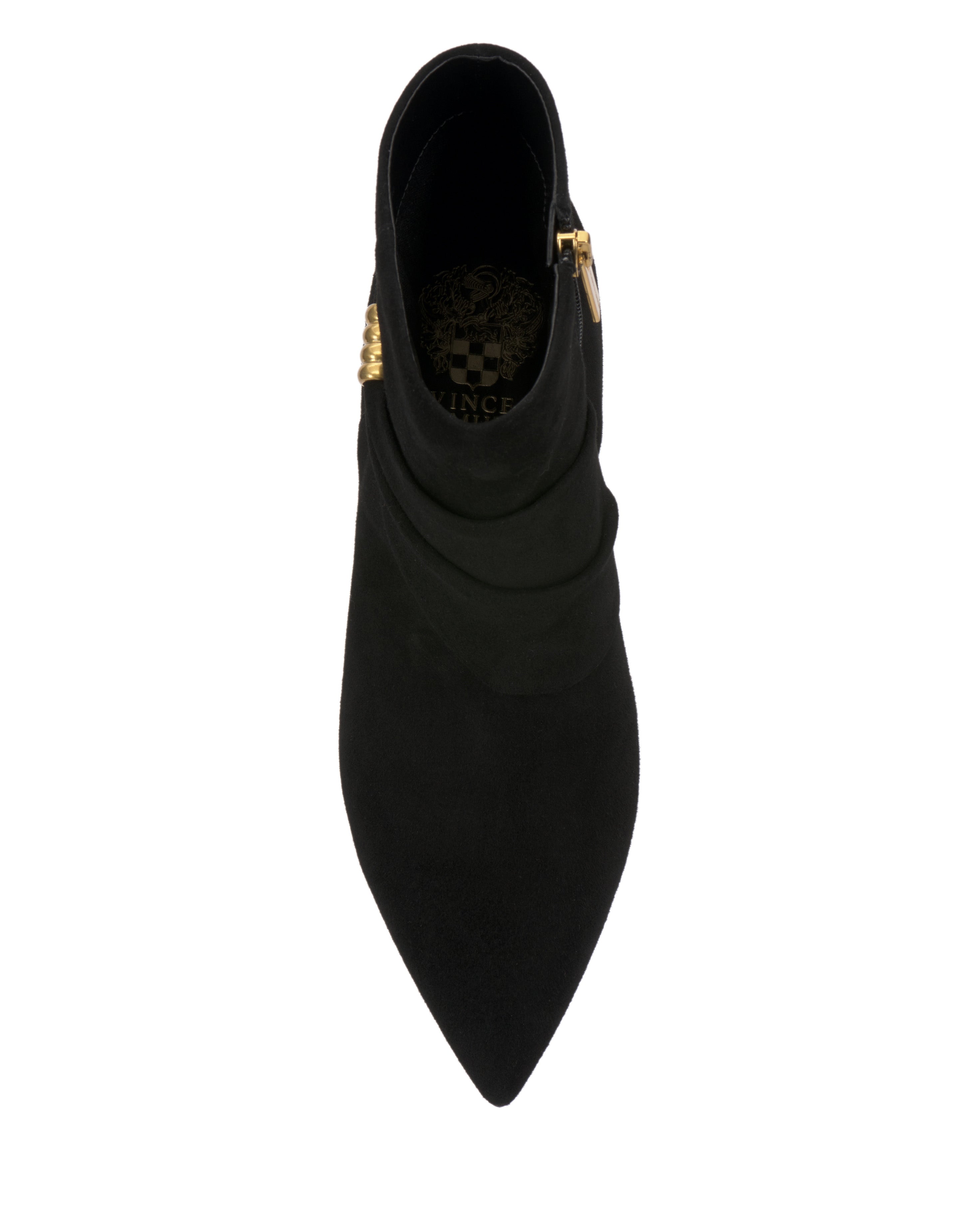 Top view of the Vince Camuto Murlea Bootie in black suede, featuring a pointed toe, side gold zipper with a decorative gold accent, and partially visible interior logo. The background is white.