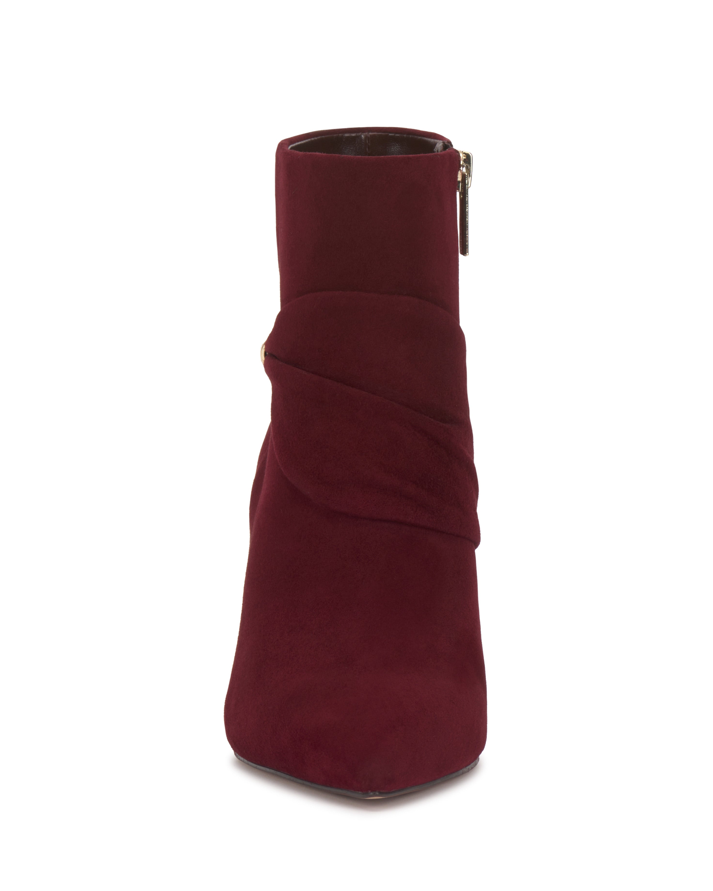 Front view of the Vince Camuto Murlea Bootie in burgundy suede, featuring a side zipper and wrapped design detail across the upper, shown against a white background.