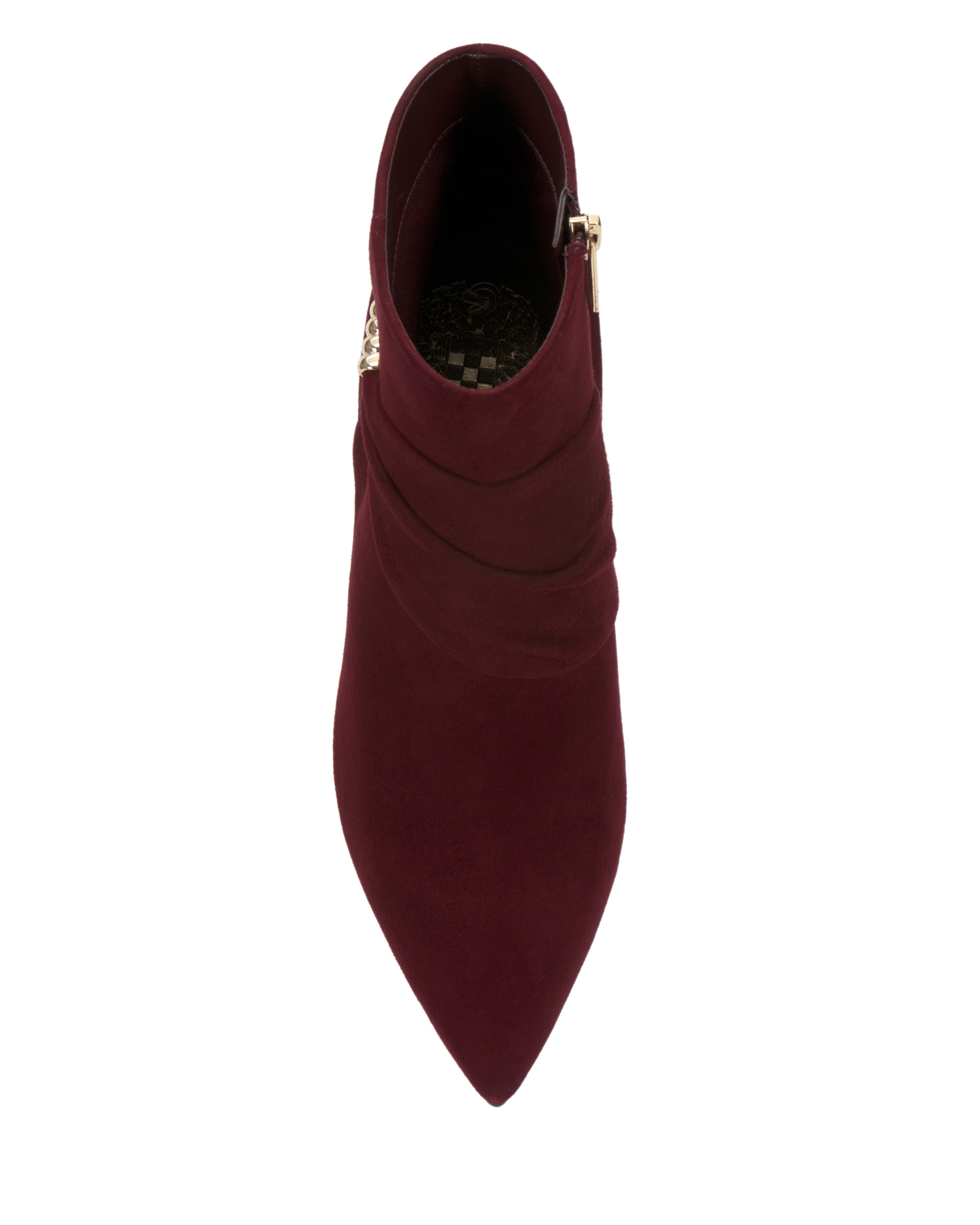 Top view of the Vince Camuto Murlea Bootie in burgundy suede, featuring a pointed toe and visible side zipper, displayed against a white background.
