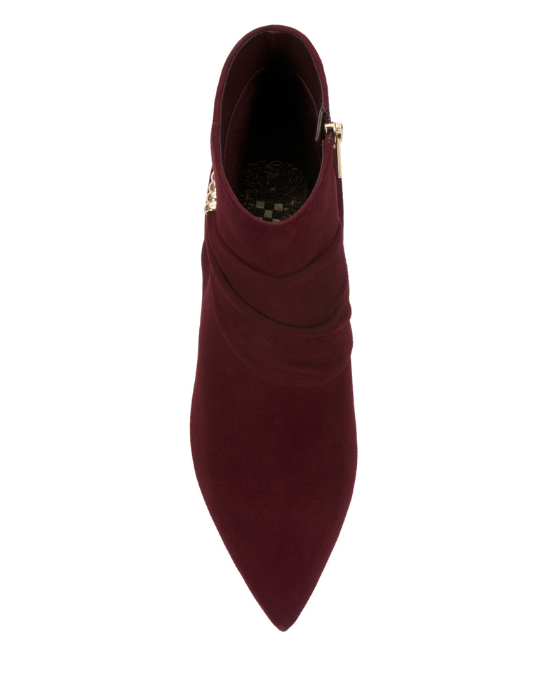 Top view of the Vince Camuto Murlea Bootie in burgundy suede, featuring a pointed toe and visible side zipper, displayed against a white background.