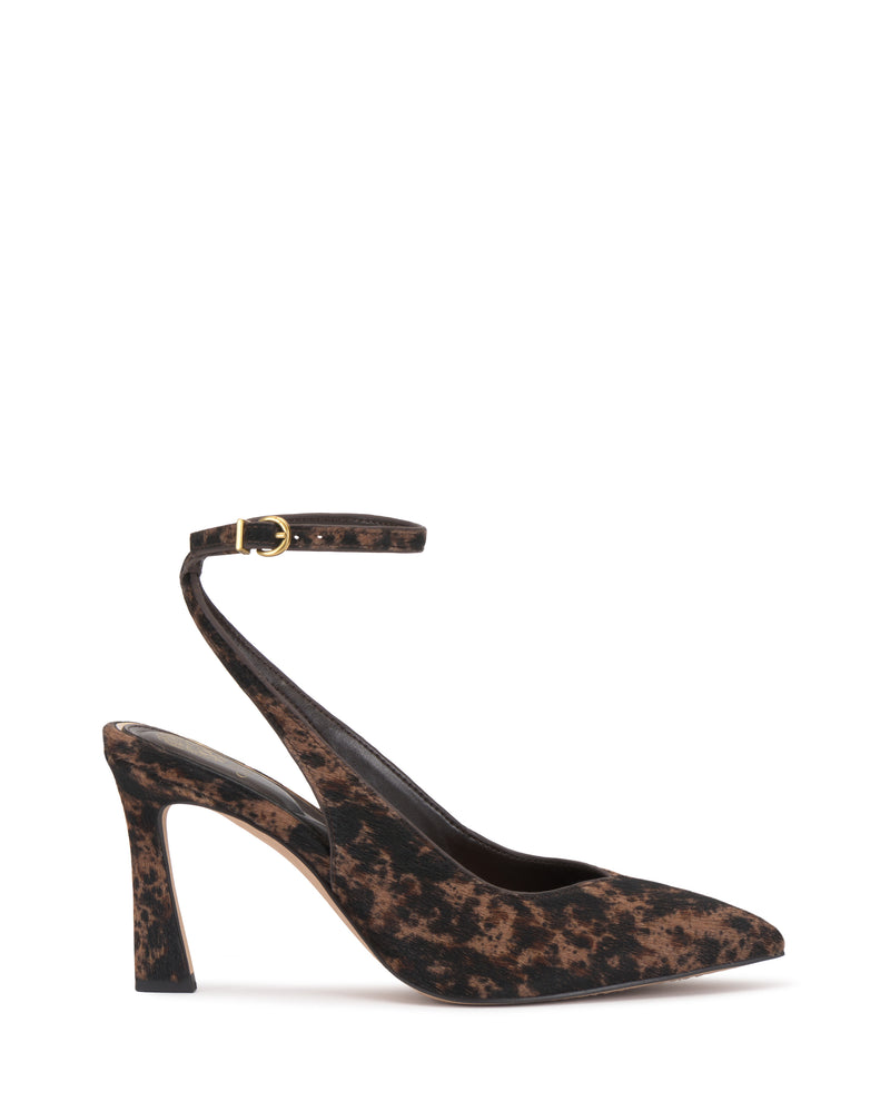 The Nellah Pump by Vince Camuto is a high-heeled, pointed-toe shoe featuring a brown and black animal print design and an ankle strap with a gold buckle, displayed against a white background.
