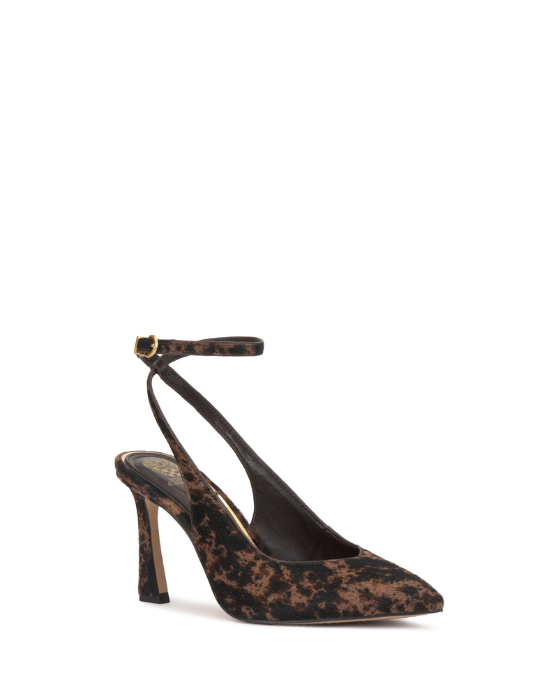 The Vince Camuto Nellah Pump is a brown and black animal print high-heeled shoe featuring a pointed toe, ankle strap, and open back, displayed on a white background.