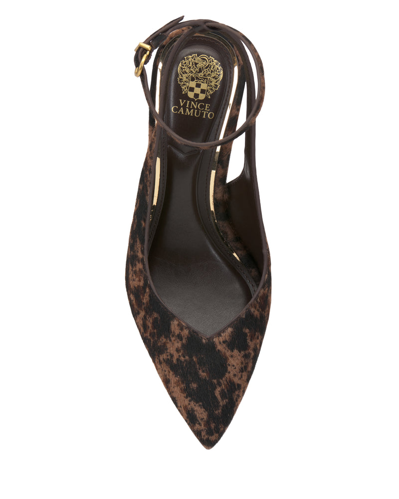 A top view of the Vince Camuto Nellah Pump, a pointed-toe women’s shoe featuring an animal print pattern, ankle strap, and visible Vince Camuto branding on the insole.