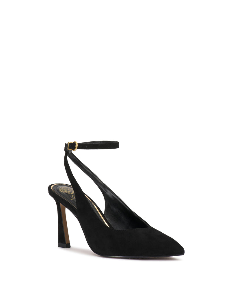 The Nellah Pump by Vince Camuto is a black suede high-heeled shoe with a pointed toe and an ankle strap featuring a gold buckle, displayed against a plain white background.