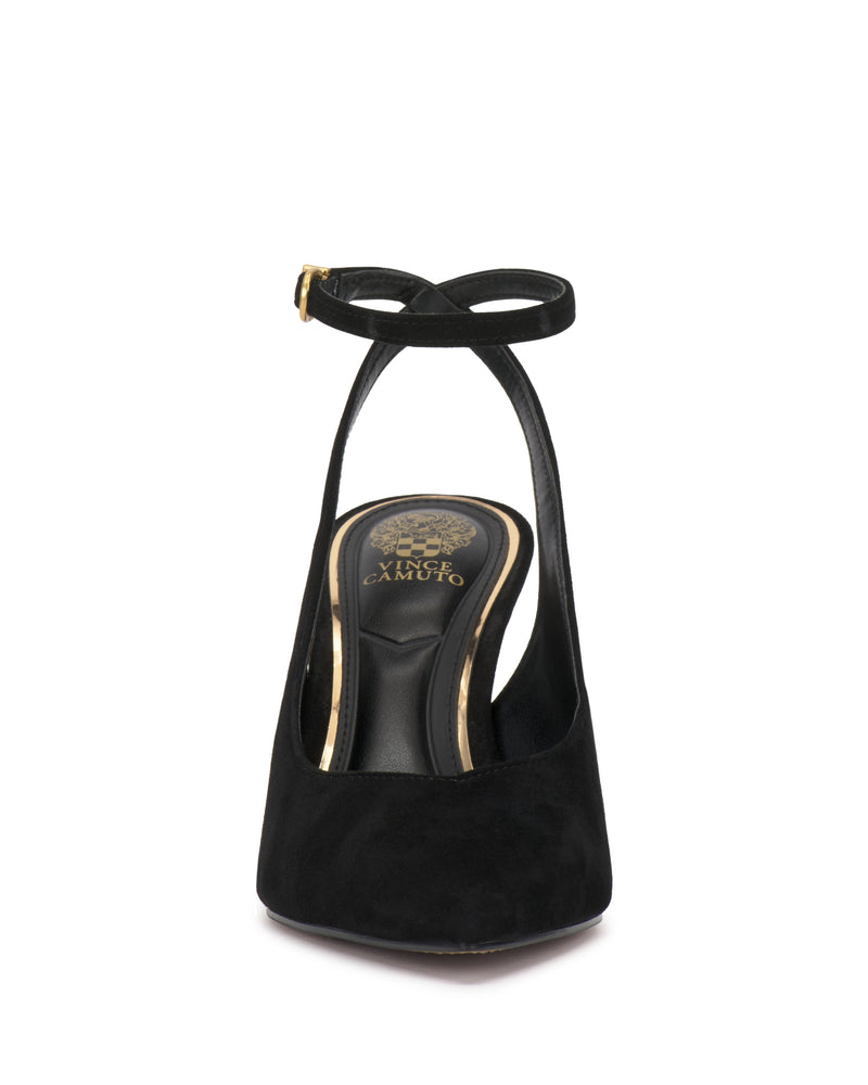 Front view of a single black suede Vince Camuto Nellah Pump high-heeled shoe with an ankle strap and gold buckle, featuring the Vince Camuto logo on the insole.
