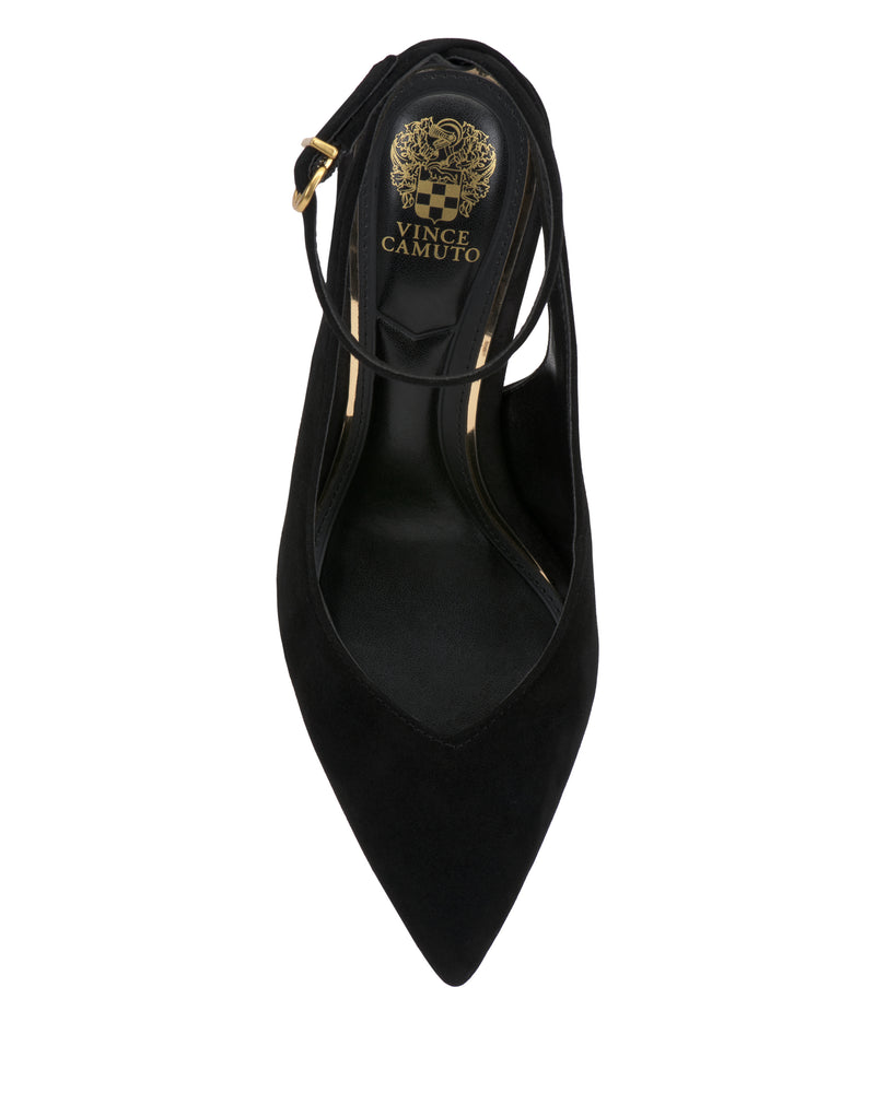 Top view of a black pointed-toe Nellah Pump by Vince Camuto featuring an ankle strap and a gold Vince Camuto logo visible on the insole.