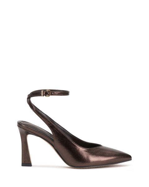 The Vince Camuto Nellah Pump is a metallic brown high-heeled shoe with a pointed toe and an ankle strap featuring a small buckle, displayed in a side profile view against a white background.