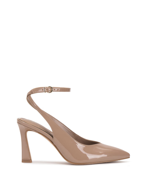 The Vince Camuto Nellah Pump is a beige, patent leather high-heeled shoe featuring a pointed toe, ankle strap, and a subtly flared heel, displayed in side view against a white background.