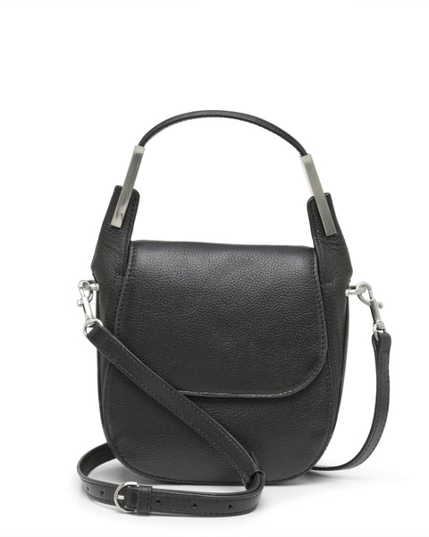 The Vince Camuto Noli Crossbody Bag, shown here in black leather with silver hardware, features a compact design with a top handle and a long adjustable strap. Displayed against a white background, this elegant and versatile bag is perfect for any occasion.