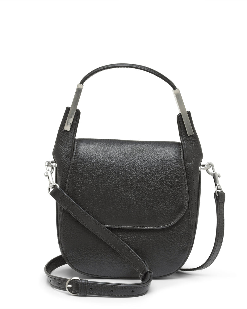 The Vince Camuto Noli Crossbody Bag, shown here in black leather with silver hardware, features a compact design with a top handle and a long adjustable strap. Displayed against a white background, this elegant and versatile bag is perfect for any occasion.