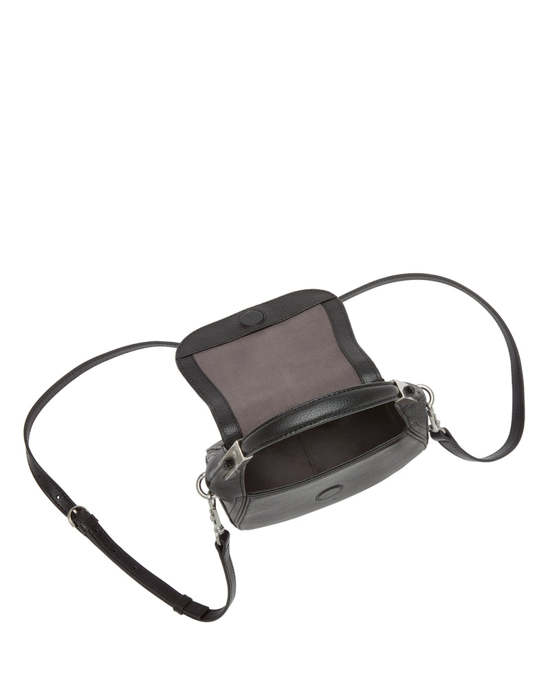 The Vince Camuto Noli Crossbody Bag in black leather features a flap opening, spacious interior, and adjustable strap—presented against a white background for an effortlessly stylish statement.