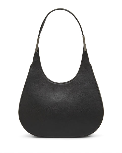The Vince Camuto Noli Hobo Bag is a black leather shoulder bag featuring a single curved strap and a minimalist, crescent-shaped design, displayed on a plain white background.