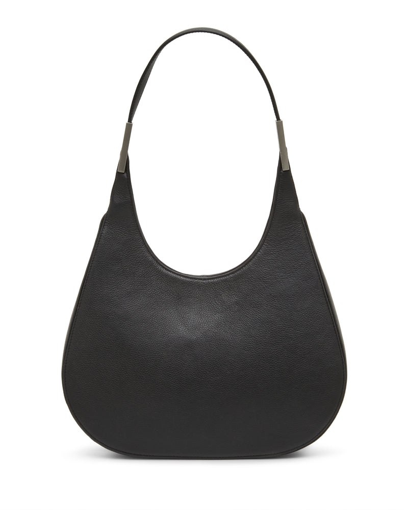The Vince Camuto Noli Hobo Bag is a black leather shoulder bag featuring a single curved strap and a minimalist, crescent-shaped design, displayed on a plain white background.