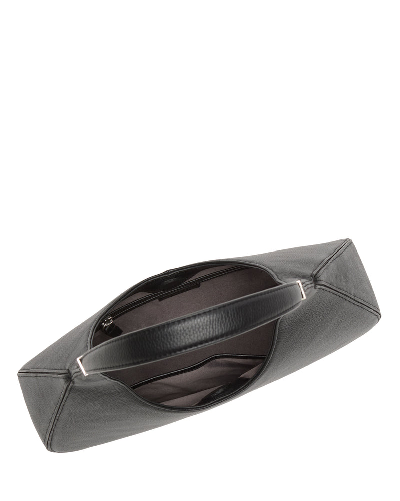 Top view of an open Vince Camuto Noli Hobo Bag in black leather, featuring a single handle and a spacious interior with a zippered pocket inside.