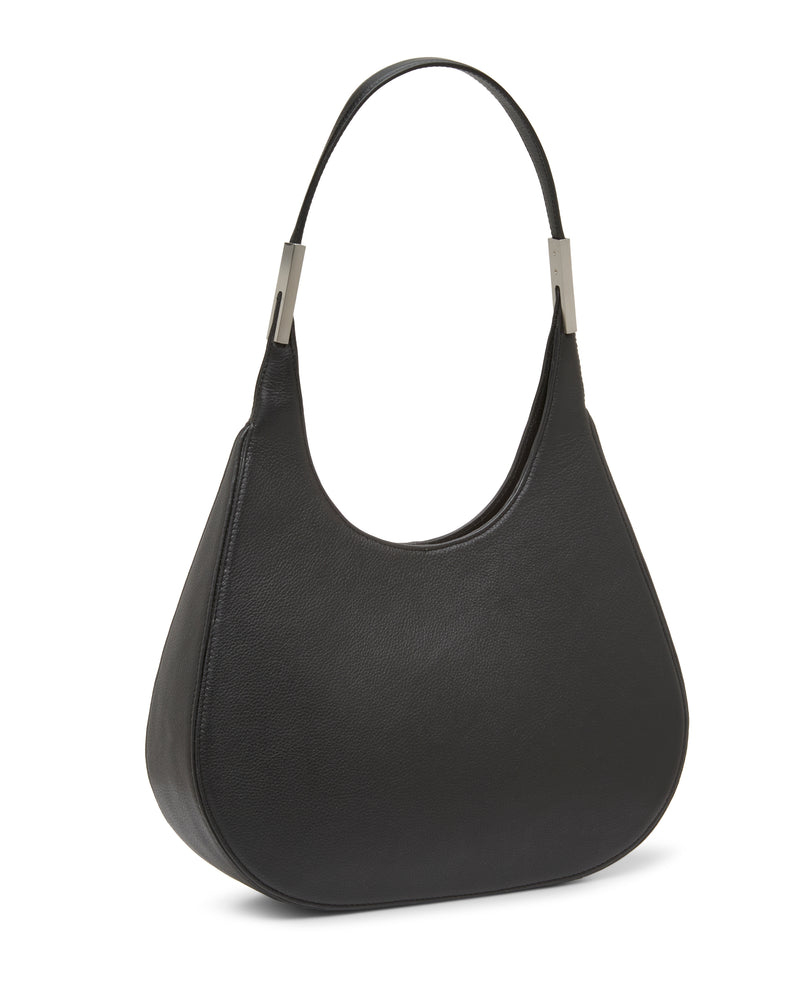 Introducing the Vince Camuto Noli Hobo Bag—a black leather shoulder bag with a curved, minimalist silhouette and a single handle adorned with silver hardware accents.