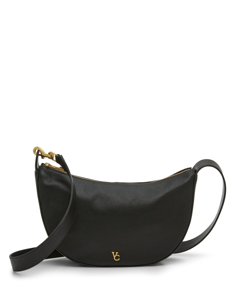 The Vince Camuto Orlie Crossbody Bag is a sophisticated crescent-shaped handbag crafted from black leather, complete with a gold zipper and a subtle gold logo near the bottom center. Featuring a long adjustable strap, this stylish and practical accessory is the perfect durable choice for everyday use.