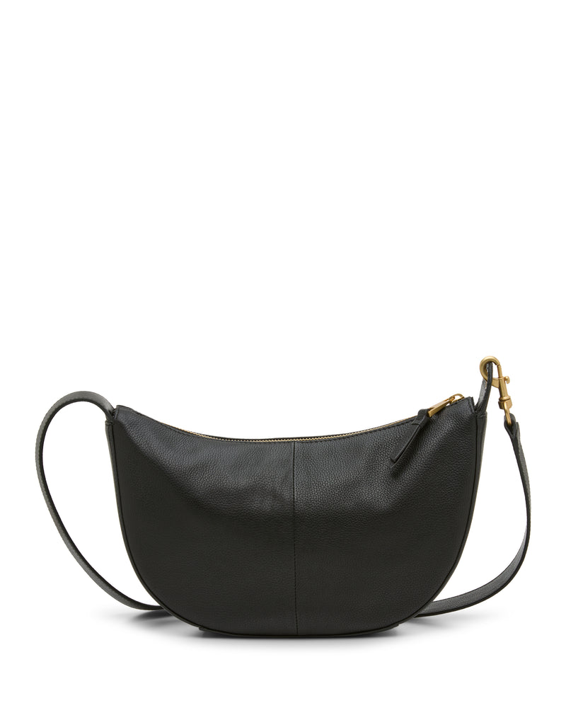 The Vince Camuto Orlie Crossbody Bag is a black, crescent-shaped leather shoulder bag featuring a gold zipper and an adjustable strap, showcased against a white background. This sophisticated accessory is designed to elevate any ensemble.