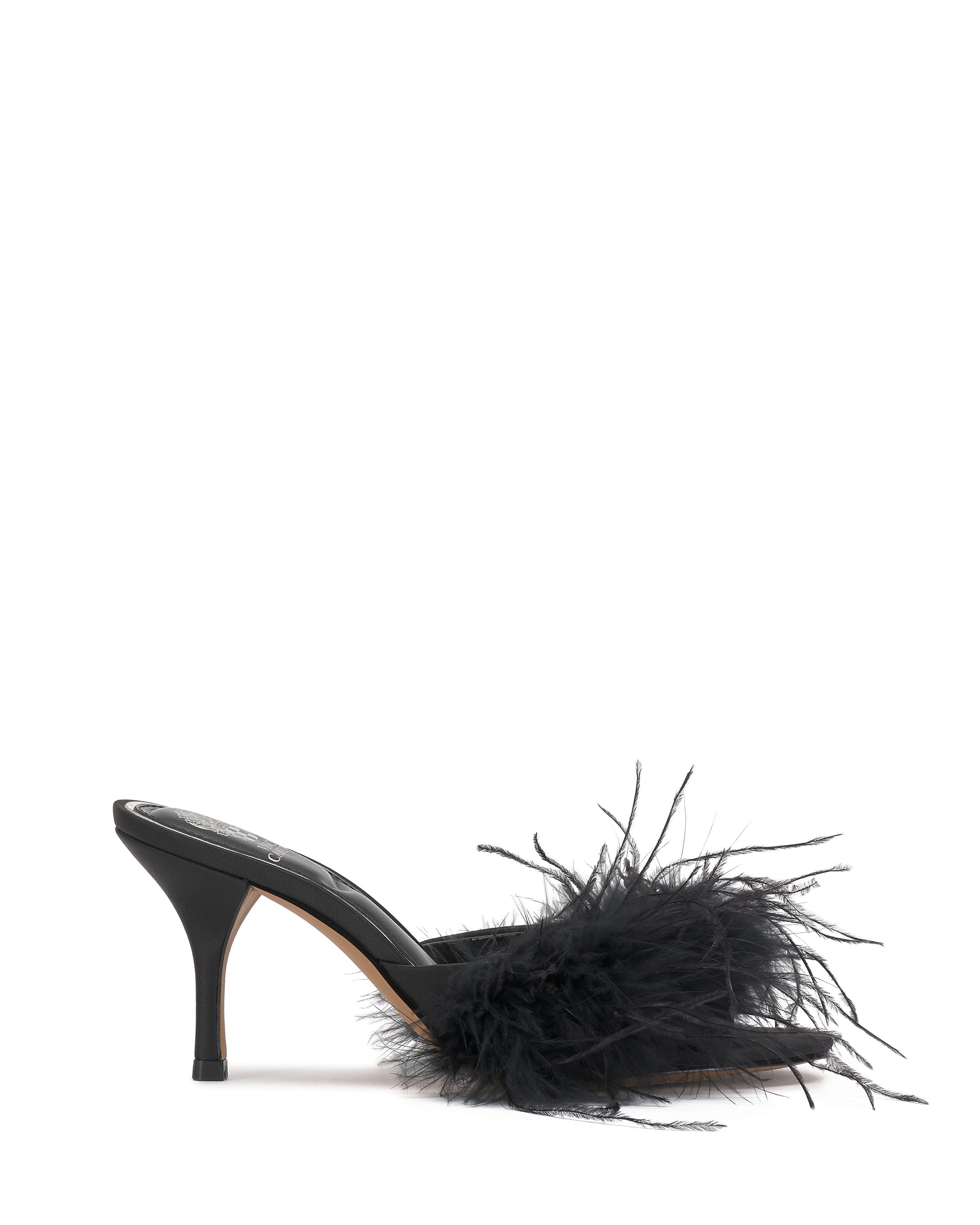 The Paelly Feather Mule by Vince Camuto is a black, pointed-toe high-heeled sandal with a sleek silhouette and fluffy black feathers on the front strap—ideal for an elegant evening look.