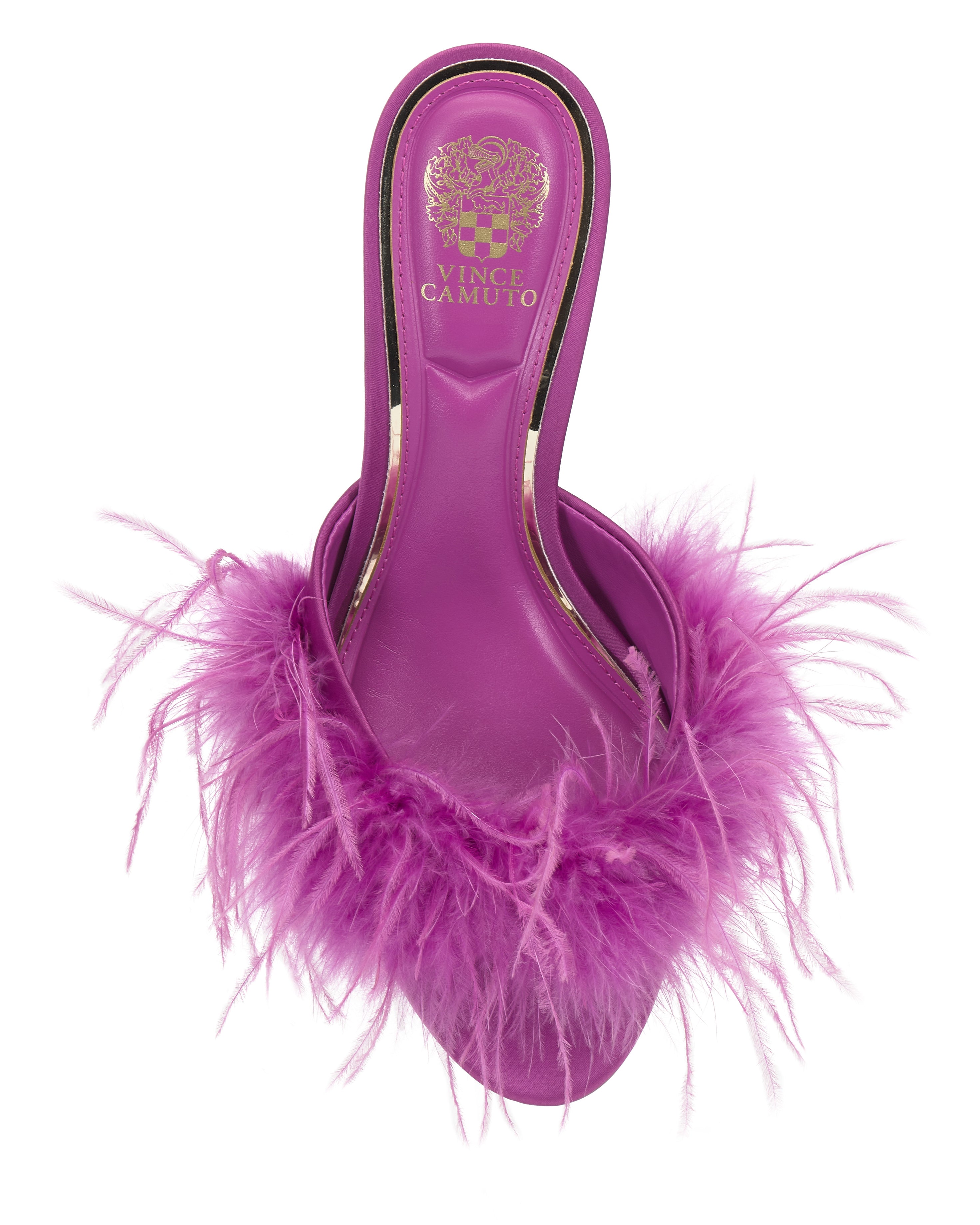 The Paelly Feather Mule by Vince Camuto is a pink high-heeled slipper, featuring fluffy feathers on the front strap and the Vince Camuto gold logo on the insole.