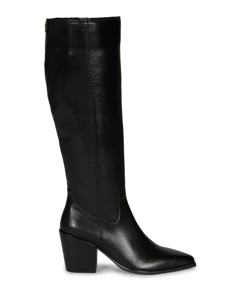 The Vince Camuto Pamlia Narrow Calf Knee High Boot is a tall black leather boot with a pointed toe, mid-high chunky block heel, and side stitching details, shown in side profile against a white background.