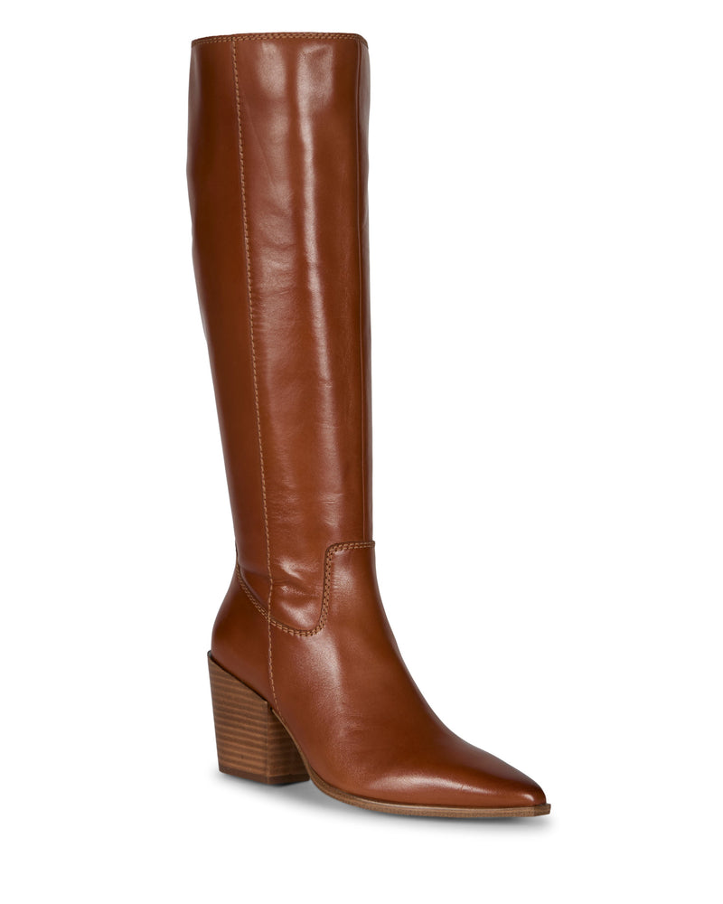 The Vince Camuto Pamlia Narrow Calf Knee High Boot is a single brown leather western boot with a pointed toe and stacked block heel, shown on a white background.