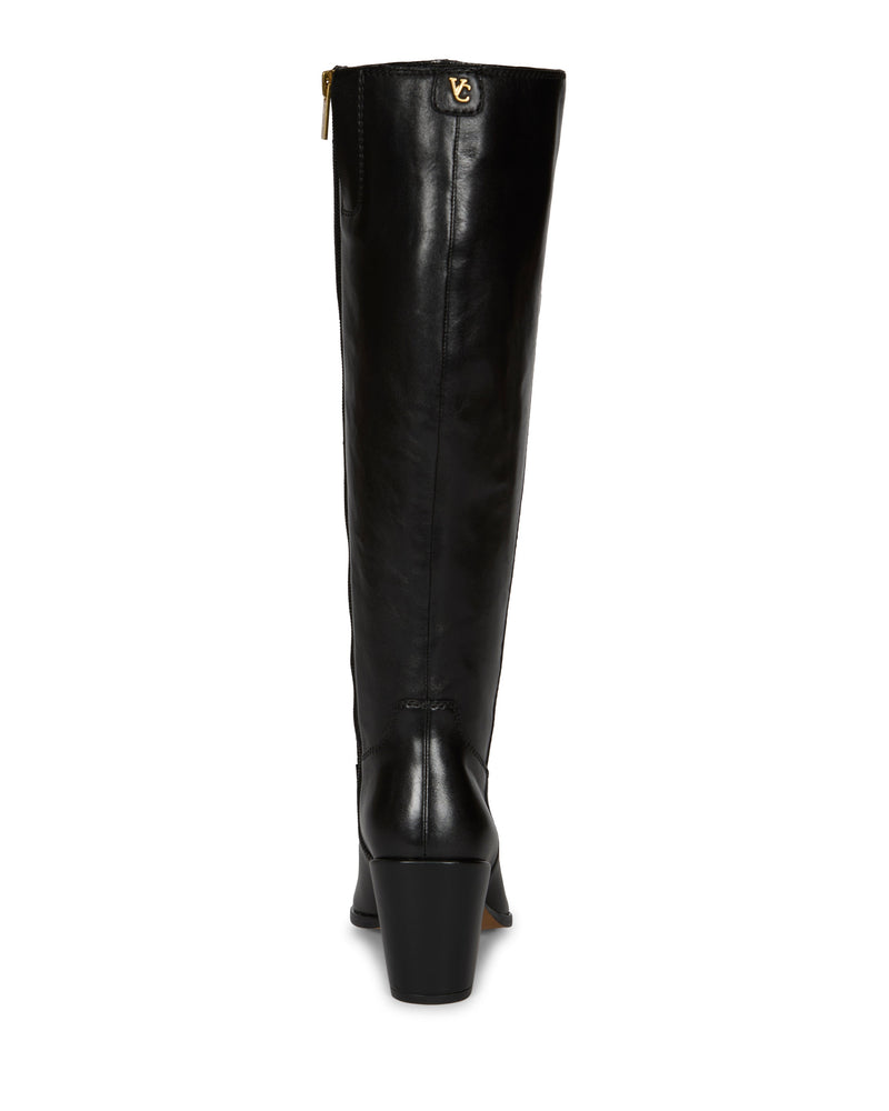 Back view of the Vince Camuto Pamlia Wide Calf Knee High Boot in black leather, featuring a block heel and a gold zipper at the top.