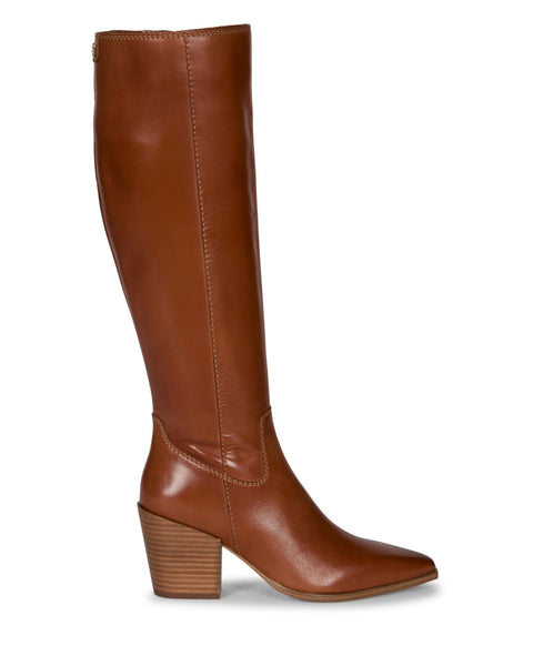 The Pamlia Wide Calf Knee High Boot by Vince Camuto features brown leather, a rounded toe, stitched accents, and a chunky block heel. With western-inspired style and a smooth finish, this standout boot extends up to the knee.