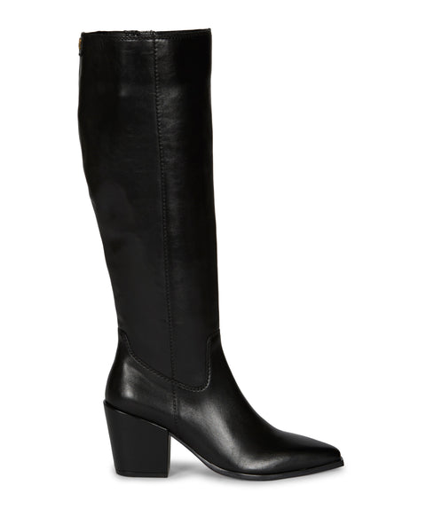 The Vince Camuto Pamlia Extra Wide Calf Knee High Boot is a tall black leather boot with a pointed toe, mid-height block heel, minimal stitching, and a sleek polished finish.