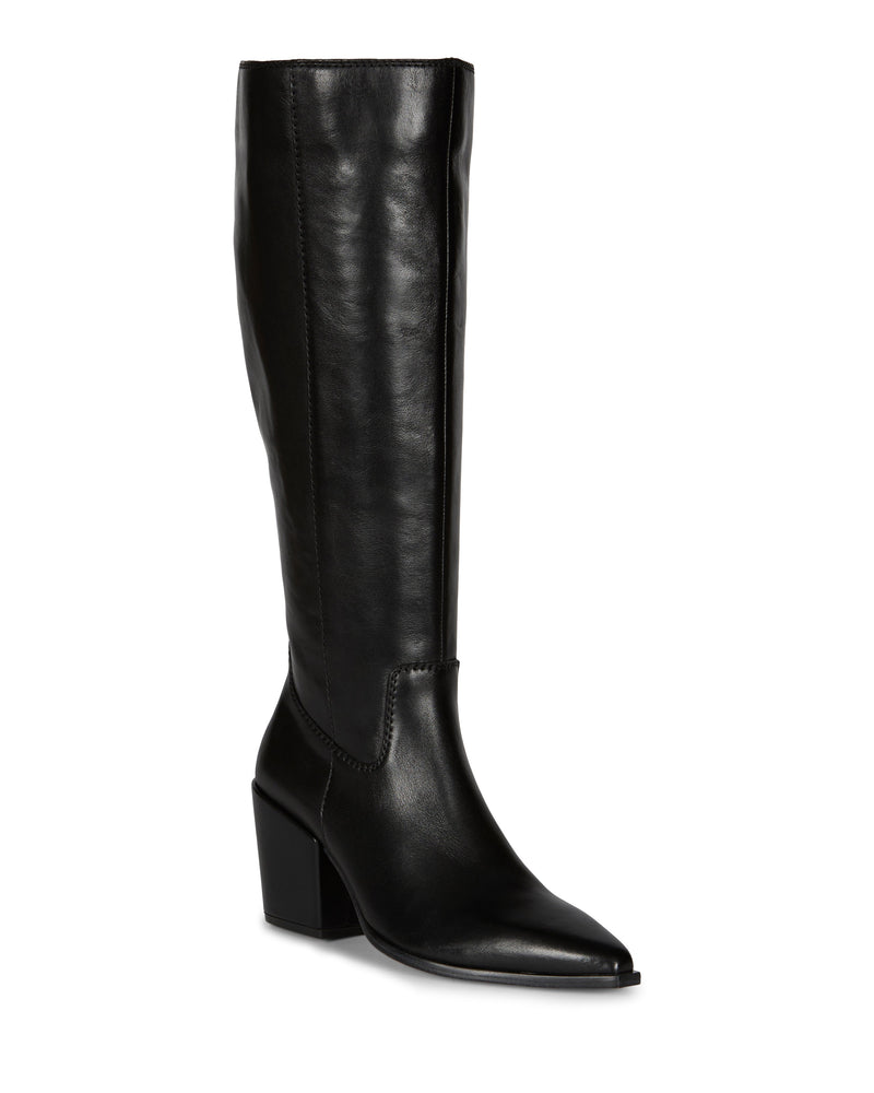 The Vince Camuto Pamlia Extra Wide Calf Knee High Boot is a black, pointed-toe style with a chunky block heel, shown from a front-side angle against a white background.